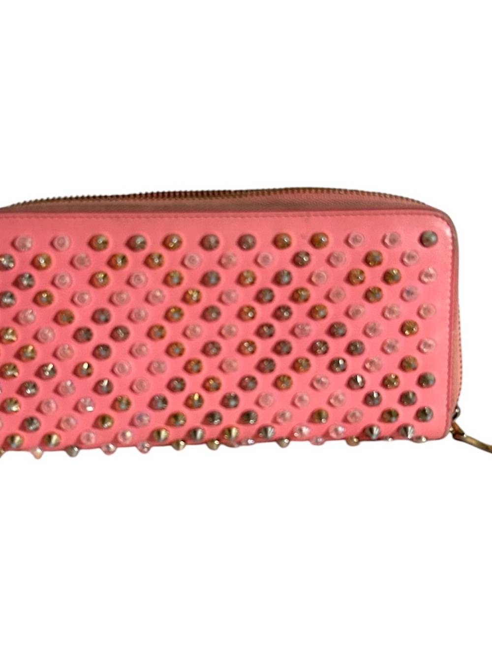 Christian Louboutin Pink Studded Zip-Around Wallet with Gold Accents